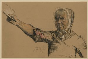 Idős asszony, aki jobb kezével egy petíciót nyújt át alkotó: Adolph Menzel