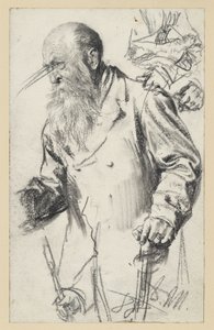 Idős szakállas férfi kabátban, bottal, néhány részlet megismételve alkotó: Adolph Menzel
