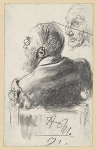 Pápaszemes szakállas férfi karosszékben ülve, hátulnézet, egy öregember arca alkotó: Adolph Menzel