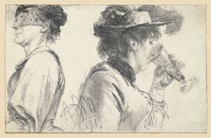 Fátylas hölgy mellképe és kalapos hölgy, aki pohárból iszik alkotó: Adolph Menzel