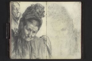 Kalapos idős nő mellképe, kendős női fej alkotó: Adolph Menzel