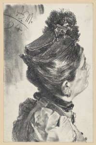 Felfelé tekintő, kalapos hölgy mellképe, jobbra fordulva alkotó: Adolph Menzel