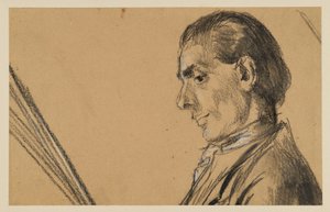 Egy lesütött tekintetű fiatal férfi mellképe. Balra néző profil. Tanulmány Frigyes nagy sanssouci fuvolakoncertje című festményhez alkotó: Adolph Menzel