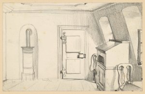 Tetőtéri szoba kályhával, ajtóval, írószekrénnyel és székekkel a frankfurti Goethe-házban alkotó: Adolph Menzel