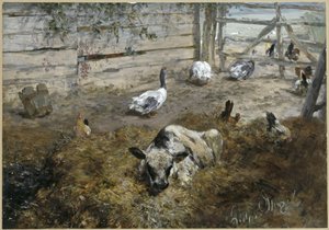 A borjú a csirkékkel és a libákkal. A „Gyerekalbum” című műből alkotó: Adolph Menzel