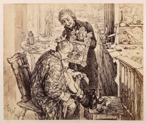 Licht írnok arra találja Adam falubírót, hogy éppen a lábát kötözi. Adam a tükörben, amelyet Licht tart elé, megnézi a zúzott arcát, Heinrich von Kleist „A törött kancsó” című művéhez alkotó: Adolph Menzel