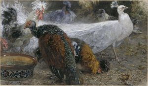A fehér páva a pulykával és a tyúkokkal. A „Gyermekalbum” című műből alkotó: Adolph Menzel