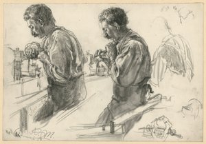 Esztergályos a munkapadon, két vázlat és részletek alkotó: Adolph Menzel