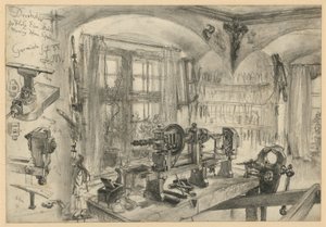 Esztergályosműhely Garmischban, részletekkel alkotó: Adolph Menzel
