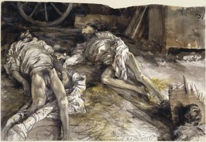 Három elesett katona egy pajtában - halottasház Königinhofban alkotó: Adolph Menzel