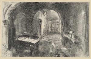 Sötét, boltíves átjáró, elöl egy kézi kocsi alkotó: Adolph Menzel