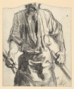 Vasmunkás köténnyel és fadarabokkal a kezében. Tanulmány „A vasöntöde. Modern küklopszok” című műhöz alkotó: Adolph Menzel