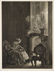 Esszé a kőről ecsettel és kaparóval: Nő olvas a tűz mellett, 1851. alkotó: Adolph Menzel