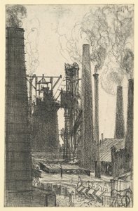 Gyárudvar füstölgő kéményekkel (Königshütte?) alkotó: Adolph Menzel