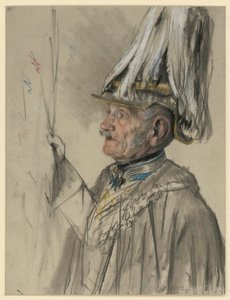 Friedrich von Wrangel gróf köpenyben, sisakkal és tollforgóval, majdnem bal profilban, portrétanulmány a „I. Vilmos megkoronázása Königsbergben” című festményhez alkotó: Adolph Menzel