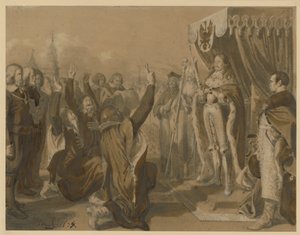 Friedrich Wilhelm brandenburgi választófejedelem 1663. október 18-án Königsbergben átveszi a porosz rendek örökletes hódolatát. Terv a „Brandenburg-Porosz történelem emlékezetes eseményei” című műhöz alkotó: Adolph Menzel