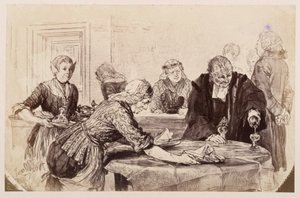 Reggeli szünet. A szolgálólányok megterítenek, Ádám italt tölt. Balra a bíró türelmetlenül fel-alá járkál, Heinrich von Kleist „Az eltört korsó” című művéhez alkotó: Adolph Menzel