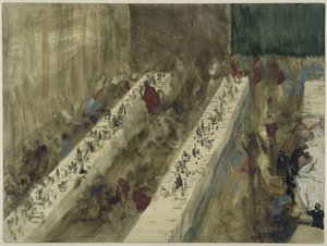 Fentről nézve terített asztalok alkotó: Adolph Menzel