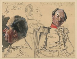 Eduard von Peucker gyalogsági tábornok, 1. fejvázlat, profil balra, 2. mellkép kissé jobbra, tekintet balra, közöttük fejvázlat, profil jobbra, vázlatok a „I. Vilmos koronázása Königsbergben” című műhöz alkotó: Adolph Menzel