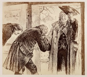 Walter bíró, barátságosan megemelve a kalapját, jobbról lép be az ajtón, Adam és Licht alázatosan üdvözli őt, Heinrich von Kleist „A törött kancsó” című művéből alkotó: Adolph Menzel