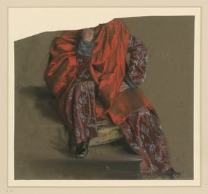 Vörös palástot viselő, hosszú virágmintás köntösbe öltözött, szemből ülő férfialak ruhatanulmánya alkotó: Adolph Menzel