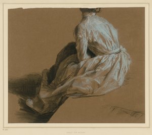Hátulról ábrázolt ülő hölgy ruhatanulmánya alkotó: Adolph Menzel