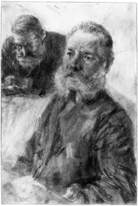 Szakállas férfi félalakja, a háttérben egy másik szakállas férfi lesütött tekintetű mellképe alkotó: Adolph Menzel