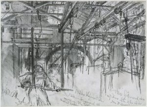 A Königshütte-i hengerlőmű csarnoka. Tanulmány a „Vasgyár. Modern ciklopok” című műről alkotó: Adolph Menzel