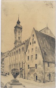 A Szentlélek-templom és a kórház egykori női szárnyának épülete a müncheni Kaufinger Straße-n alkotó: Adolph Menzel