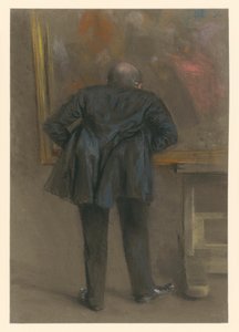 Egy úr előrehajolva áll egy festmény előtt, háttal látható alak alkotó: Adolph Menzel