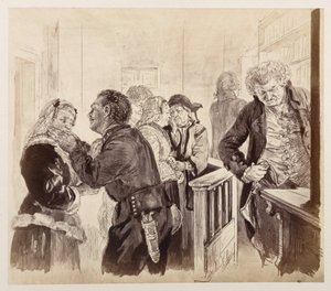 A tárgyalóteremben Ádám szökése után. A bírósági tanácsos az órára néz. Éva és Ruprecht kibékülnek, Heinrich von Kleist A törött korsó című művéhez alkotó: Adolph Menzel