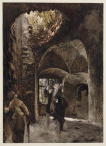A romokban egy úr és egy hölgy egy lépcsőfordulón állnak, és felnéznek a boltívben lévő nagy lyukra alkotó: Adolph Menzel