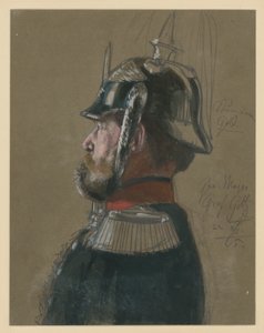 Karl Friedrich von Goltz gróf, vezérőrnagy, mellkép sisakkal és karddal, balra néző profil, portrétanulmány az „I. Vilmos koronázása Königsbergben” című műhöz alkotó: Adolph Menzel