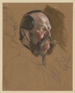 Károly porosz herceg, mellkép, 3/4-es profil jobbra, alulnézetből, bal oldalon: arcprofil jobbra (áthúzva), portrévázlat a „I. Vilmos koronázása Königsbergben” című műhöz alkotó: Adolph Menzel