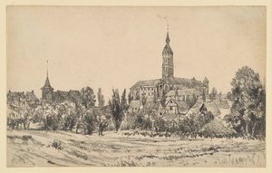 Kisváros magas templomtoronnyal alkotó: Adolph Menzel
