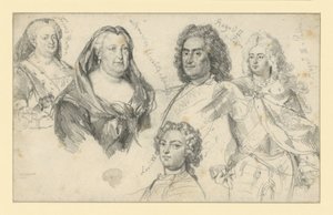 Poroszországi Zsófia Dorottya királyné, Erzsébet orosz cárnő, II. Ágost lengyel király, III. Ágost lengyel király, XV. Lajos francia király alkotó: Adolph Menzel