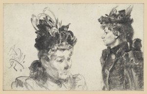 Jobbra néző, tollas kalapot viselő nő feje, balra néző, kalapos nő profilból ábrázolt mellképe alkotó: Adolph Menzel