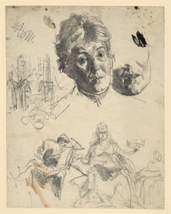Egy idősebb nő feje, az állrész többszörös ábrázolása, építészeti vázlat, allegóriához készült figurális vázlat alkotó: Adolph Menzel