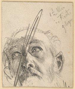 Felfelé tekintő bajuszos férfi feje, fejét kissé oldalra hajtva alkotó: Adolph Menzel