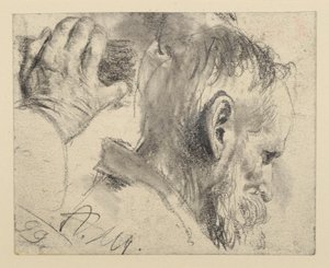 Szakállas férfi kissé lehajtott, jobbra néző feje és jobb keze alkotó: Adolph Menzel