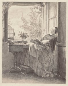 Az ablaknál alvó varrónő (Emilia, Menzel húga, később Krigar asszony). alkotó: Adolph Menzel