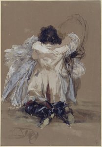 Szerelmespár, a karosszékben ülő hölgy előtt a porosz tiszti egyenruhás úr térdre rogyott, átölelik egymást alkotó: Adolph Menzel