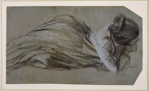 Jobbra támasztott karú fekvő női alak (Menzel nővére, Emilie) alkotó: Adolph Menzel