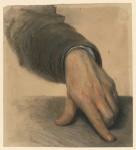 A bal kéz az alkarjával együtt az ujjatlanban van, a hüvelykujj és a mutatóujj egy felületre nyúlik alkotó: Adolph Menzel
