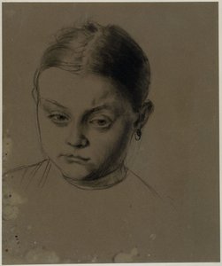Lányfej elölnézetben, kissé lehajtott fejjel, fülbevalóval alkotó: Adolph Menzel