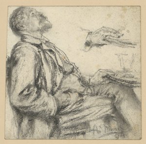 Asztalnál ülő férfi, jobbra néző, hátradőlt fejjel, felfelé tekintve, valamint kézrajz alkotó: Adolph Menzel