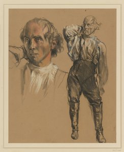 Inget, nadrágot és magas csizmát viselő férfi, szemből állva, jobb kezét a tarkójához emeli, balra néz, balra: nagyobb fejtanulmány alkotó: Adolph Menzel