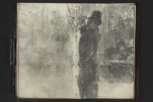 Cilinderes, esernyős férfi a falra függesztett cédulákat vizsgálja alkotó: Adolph Menzel