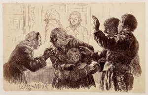 Marthe, karjában a kancsócserepekkel, Veit és Ruprecht között áll, Eve pedig könyörög az anyjának, hogy hagyjon fel a panaszkodással – Heinrich von Kleist: „A törött kancsó” alkotó: Adolph Menzel