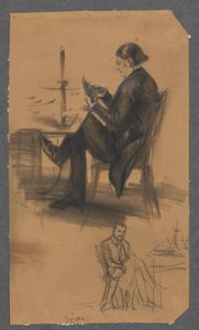 Egy férfi kártyákkal a kezében, egy játékasztalnál (fent); egy férfi, aki az asztalnál ül, és simogatja a kutyát (lent) alkotó: Adolph Menzel